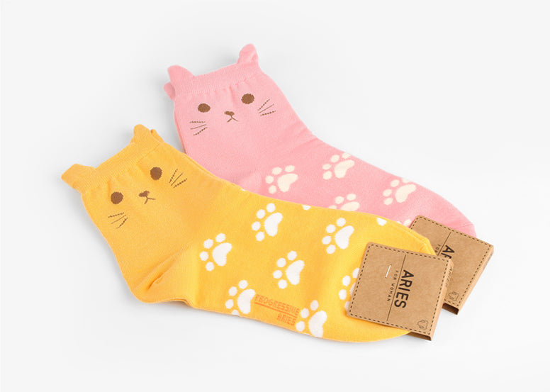 Cat Women's Crew Socks (White, Yellow, Pink, Blue, Grey)