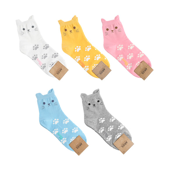 Cat Women's Crew Socks (White, Yellow, Pink, Blue, Grey)