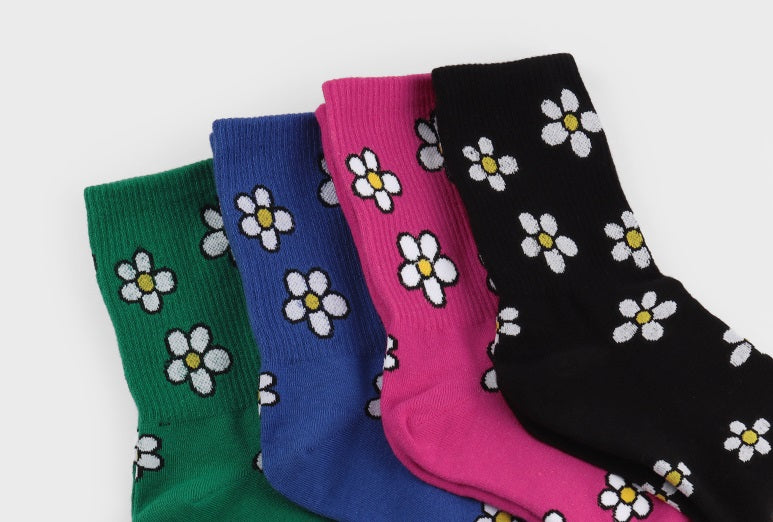 Floral Women's Crew Socks (Green, Blue, Pink, Black)