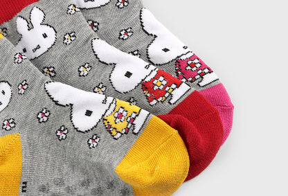 Flower Rabbit Kids Crew Socks (Grey with Yellow, Grey with Pink, Grey with Red)