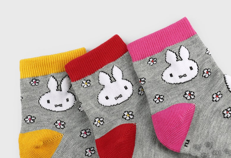 Flower Rabbit Kids Crew Socks (Grey with Yellow, Grey with Pink, Grey with Red)