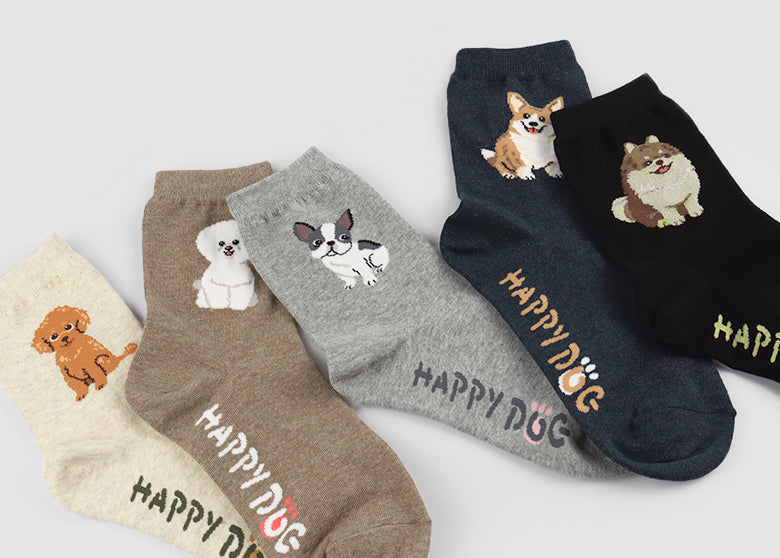 Happy Dog Women's Crew Socks (Oatmeal, Mocha, Grey, Navy, Black)