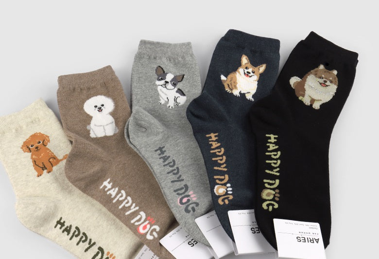 Happy Dog Women's Crew Socks (Oatmeal, Mocha, Grey, Navy, Black)