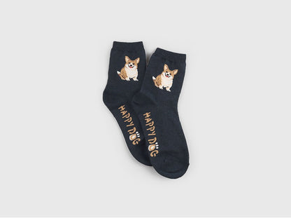 Happy Dog Women's Crew Socks (Oatmeal, Mocha, Grey, Navy, Black)