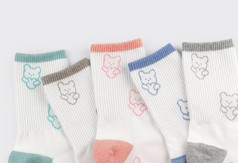 Heart Bear Women Crew Socks (Mint, Mocha, Pink, Sky Blue, Grey)