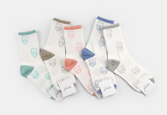 Heart Bear Women Crew Socks (Mint, Mocha, Pink, Sky Blue, Grey)