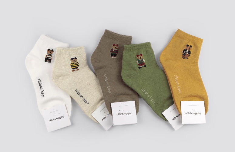 Mini Bear Women's Ankle Socks (White, Oatmeal, Mocha, Khaki, Mustard, Grey, Watermelon, Navy, Black)