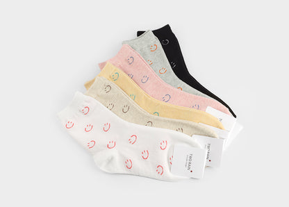 Pastel Smile Women's Crew Socks (Ivory, Oatmeal, Yellow, Pink, Grey, Black)