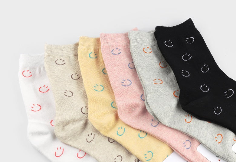 Pastel Smile Women's Crew Socks (Ivory, Oatmeal, Yellow, Pink, Grey, Black)