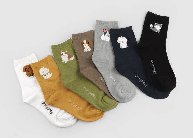 Point Boucle Oh My Puppy Women's Crew Socks (Ivory, Khaki, Yellow, Mustard, Navy, Grey, Black)