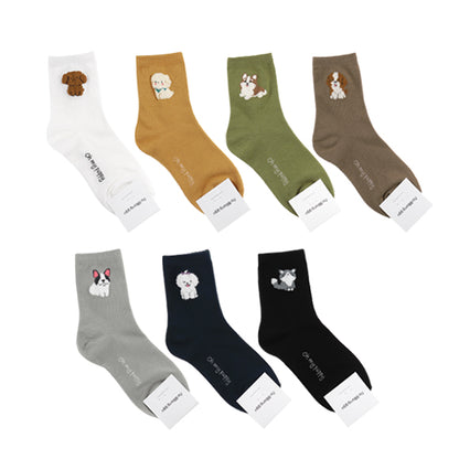 Point Boucle Oh My Puppy Women's Crew Socks (Ivory, Khaki, Yellow, Mustard, Navy, Grey, Black)