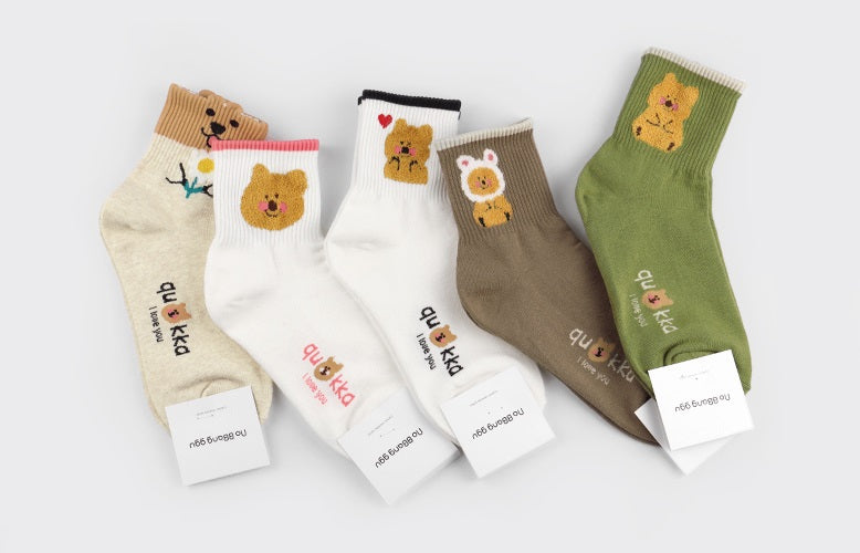 Point Taxel I Love You Quokka Women's Crew Socks (Oatmeal, White Pink, White Black, Mocha, Kahki)