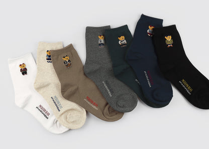 Point Taxel Pom Pom Bear Crew Socks (Ivory, Water Melon, Mocha, Oatmeal, Dark Blue, Grey, Black)