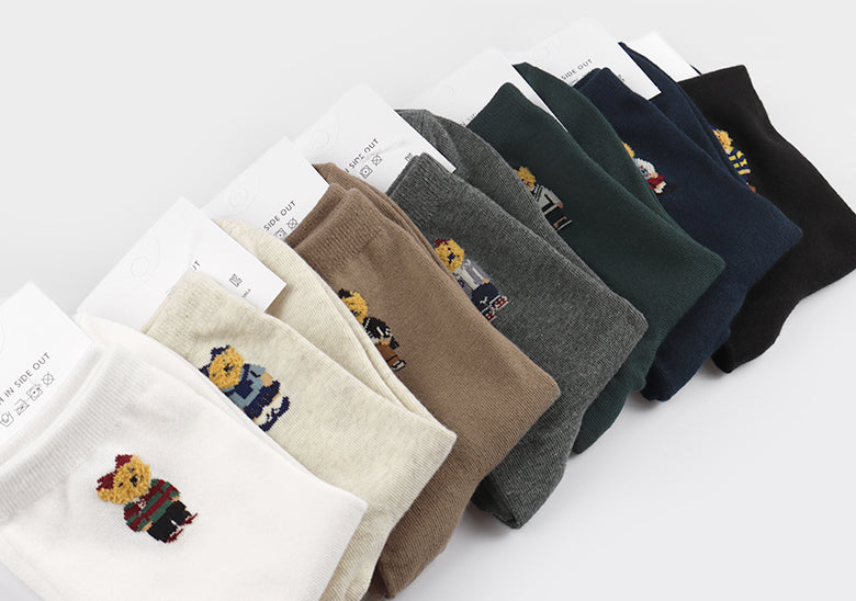 Point Taxel Pom Pom Bear Crew Socks (Ivory, Water Melon, Mocha, Oatmeal, Dark Blue, Grey, Black)