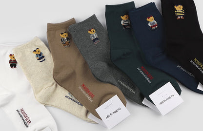 Point Taxel Pom Pom Bear Crew Socks (Ivory, Water Melon, Mocha, Oatmeal, Dark Blue, Grey, Black)