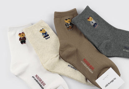 Point Taxel Pom Pom Bear Crew Socks (Ivory, Water Melon, Mocha, Oatmeal, Dark Blue, Grey, Black)