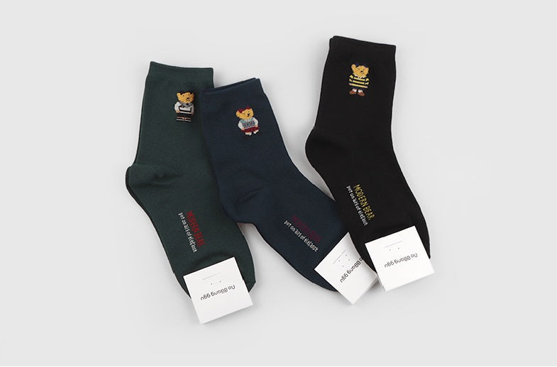 Point Taxel Pom Pom Bear Crew Socks (Ivory, Water Melon, Mocha, Oatmeal, Dark Blue, Grey, Black)