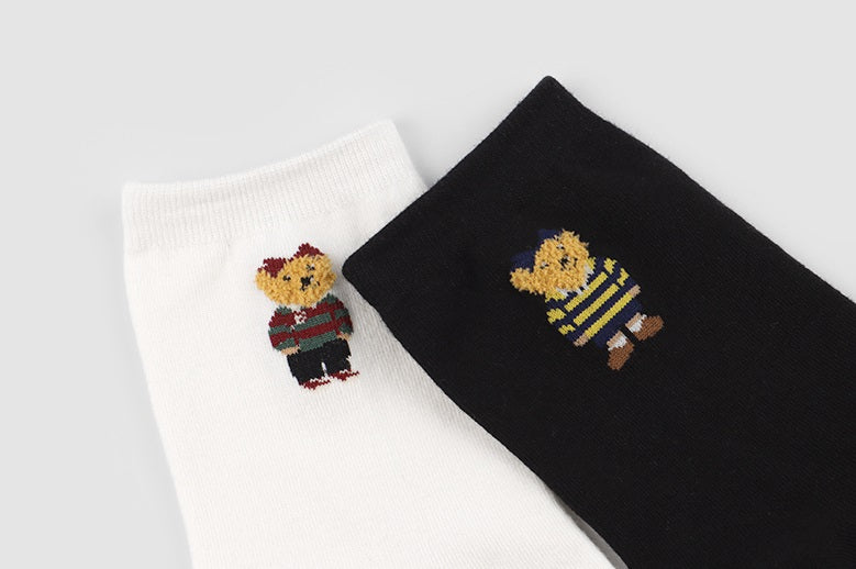 Point Taxel Pom Pom Bear Crew Socks (Ivory, Water Melon, Mocha, Oatmeal, Dark Blue, Grey, Black)