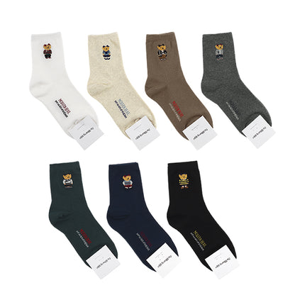 Point Taxel Pom Pom Bear Crew Socks (Ivory, Water Melon, Mocha, Oatmeal, Dark Blue, Grey, Black)