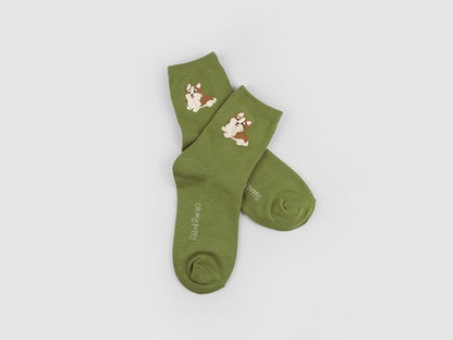 Point Boucle Oh My Puppy Women's Crew Socks (Ivory, Khaki, Yellow, Mustard, Navy, Grey, Black)