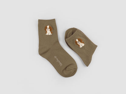 Point Boucle Oh My Puppy Women's Crew Socks (Ivory, Khaki, Yellow, Mustard, Navy, Grey, Black)