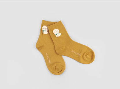 Point Boucle Oh My Puppy Women's Crew Socks (Ivory, Khaki, Yellow, Mustard, Navy, Grey, Black)