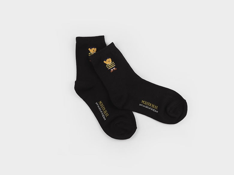 Point Taxel Pom Pom Bear Crew Socks (Ivory, Water Melon, Mocha, Oatmeal, Dark Blue, Grey, Black)