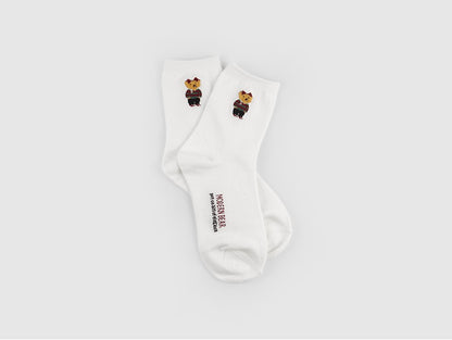 Point Taxel Pom Pom Bear Crew Socks (Ivory, Water Melon, Mocha, Oatmeal, Dark Blue, Grey, Black)