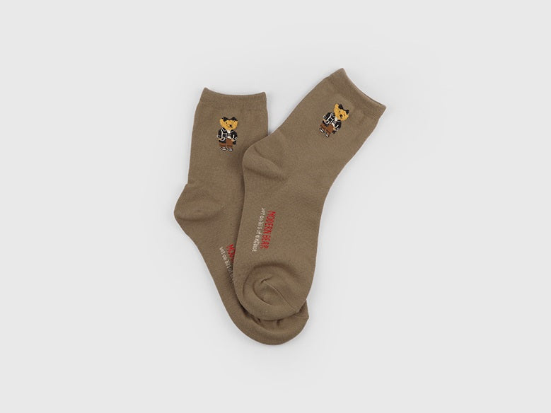 Point Taxel Pom Pom Bear Crew Socks (Ivory, Water Melon, Mocha, Oatmeal, Dark Blue, Grey, Black)