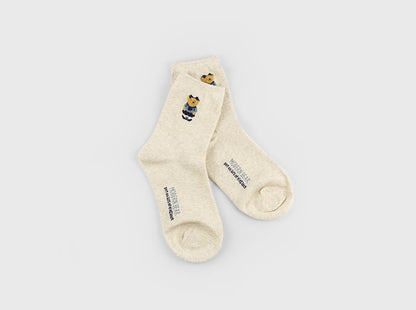 Point Taxel Pom Pom Bear Crew Socks (Ivory, Water Melon, Mocha, Oatmeal, Dark Blue, Grey, Black)