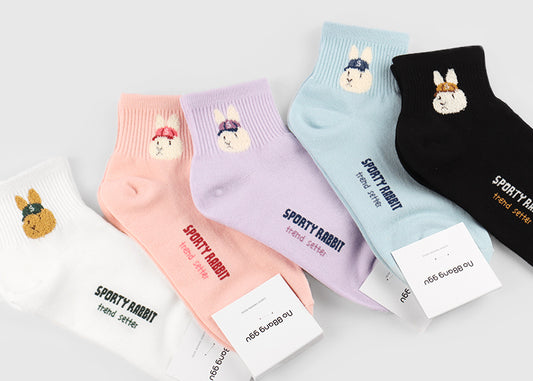 Sporty Rabbit Women's Ankle Socks (Ivory, Oatmeal, Pink, Sky Blue, Black, Light Purple)