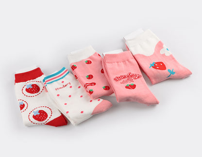 Strawberry Women's Crew Socks (Kingsberry White, Strawberry Dot White, Strawberry Pattern White, Strawberry Milk Pink, Flower Strawberry Pink)