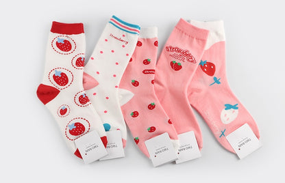 Strawberry Women's Crew Socks (Kingsberry White, Strawberry Dot White, Strawberry Pattern White, Strawberry Milk Pink, Flower Strawberry Pink)