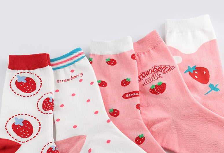 Strawberry Women's Crew Socks (Kingsberry White, Strawberry Dot White, Strawberry Pattern White, Strawberry Milk Pink, Flower Strawberry Pink)