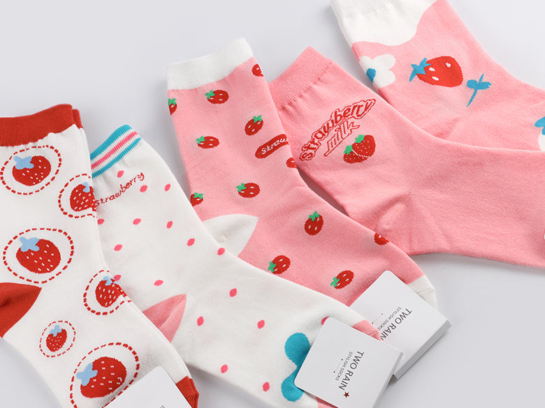 Strawberry Women's Crew Socks (Kingsberry White, Strawberry Dot White, Strawberry Pattern White, Strawberry Milk Pink, Flower Strawberry Pink)